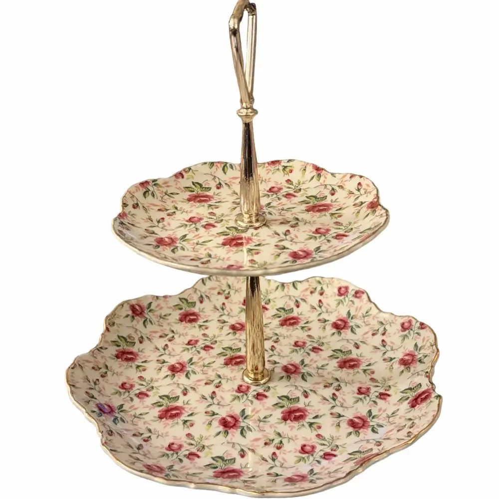 Lefton rose chintz two tier dessert/ tid bit server.